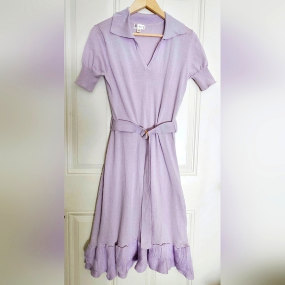Lilac light purple lavender short sleeves gold tone belt rayon knit dress S - Picture 2 of 12